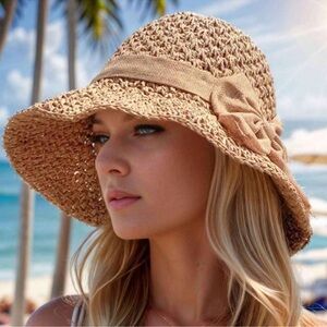 Boho Straw Wide Brim Bow Summer Beach Bucket Hat